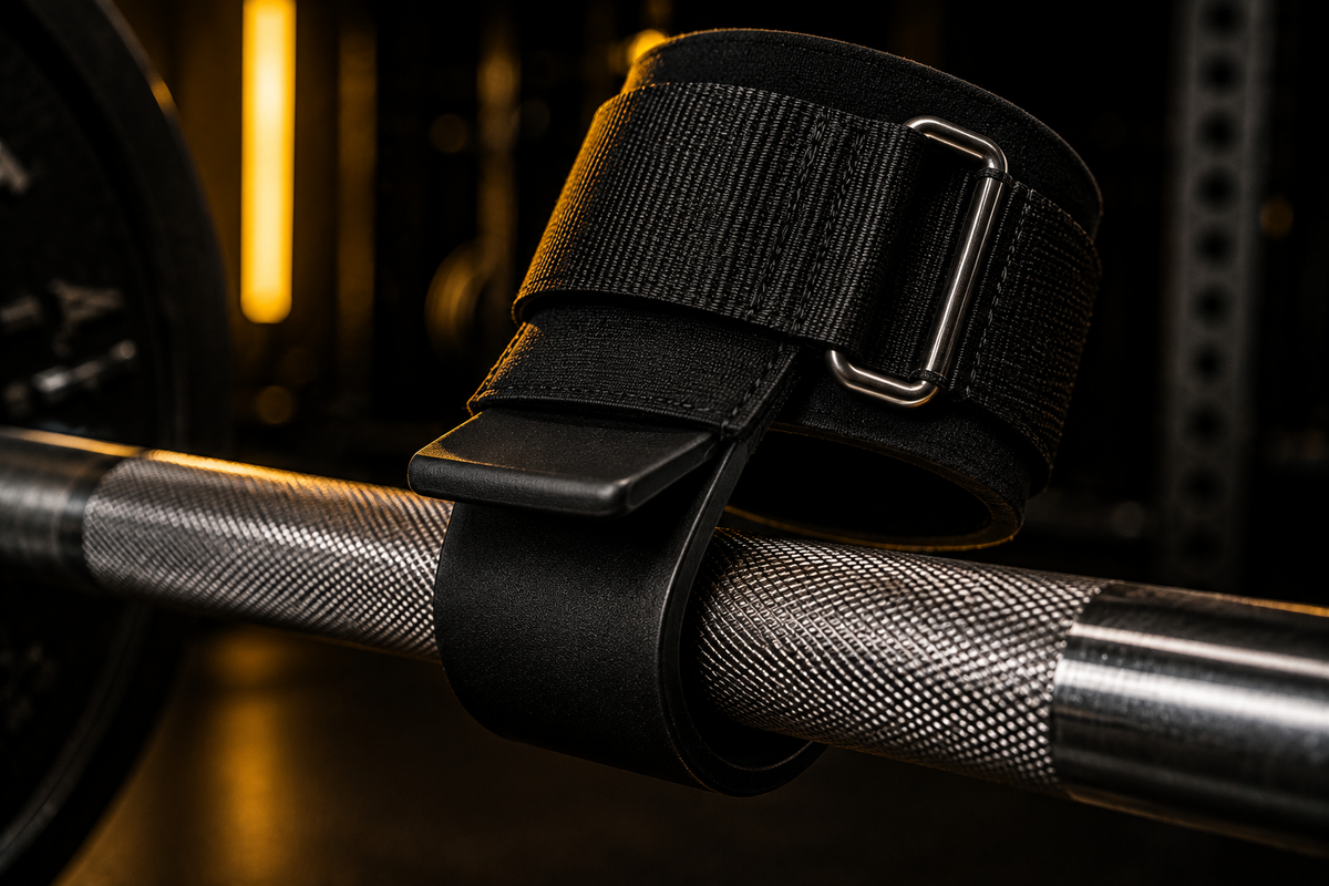 Breiter Lifting-Straps-Hook an einer Langhantel