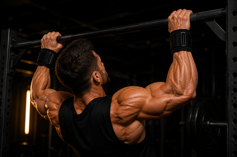 Athlet bei Pull-ups mit Lifting Straps